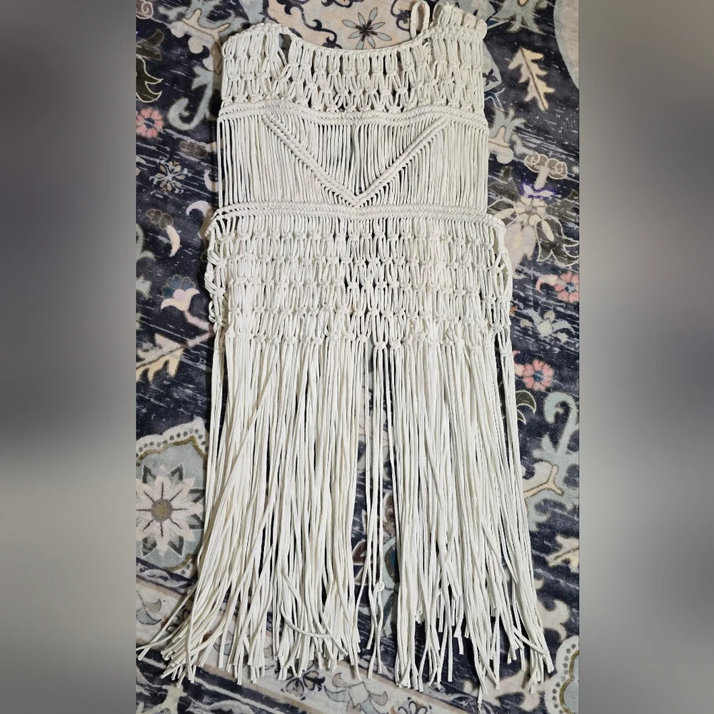 TRULUV White Macrame Fringe Vest Cotton Boho Festival Crochet Country Concert - Picture 5 of 6